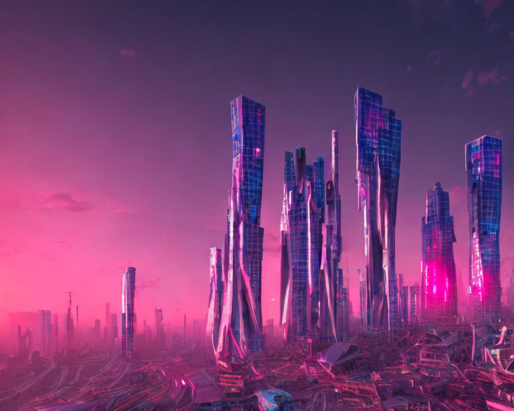 Twisted skyscrapers in futuristic cityscape at sunset