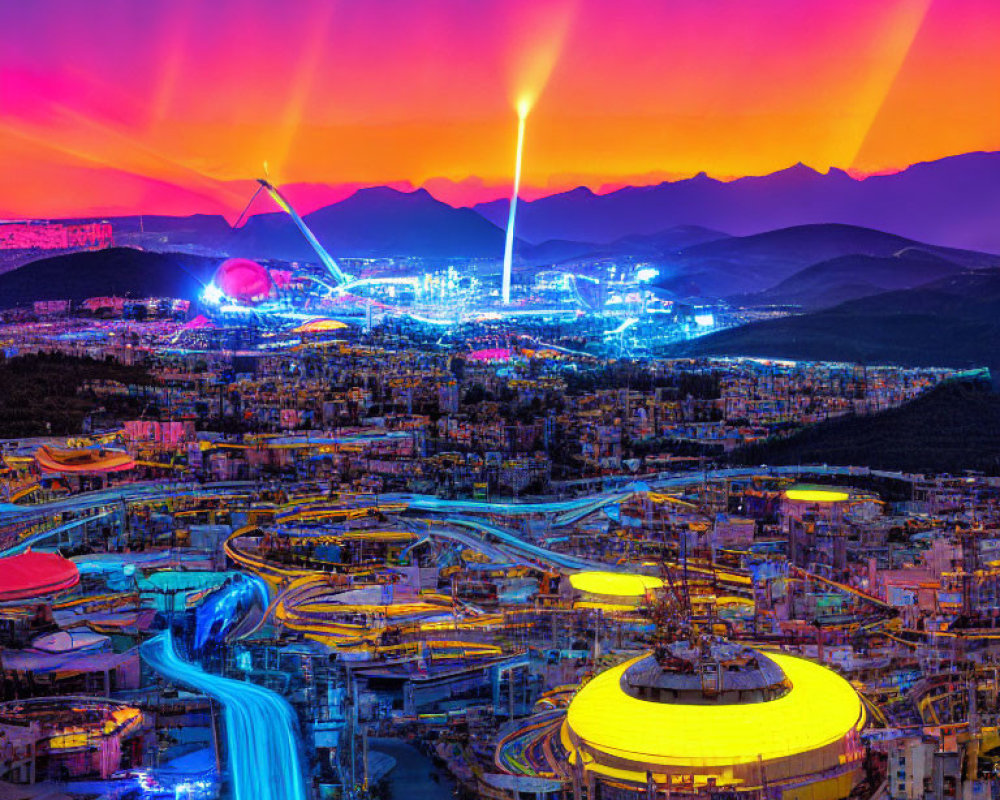 Futuristic cityscape at sunset with neon lights & glowing buildings