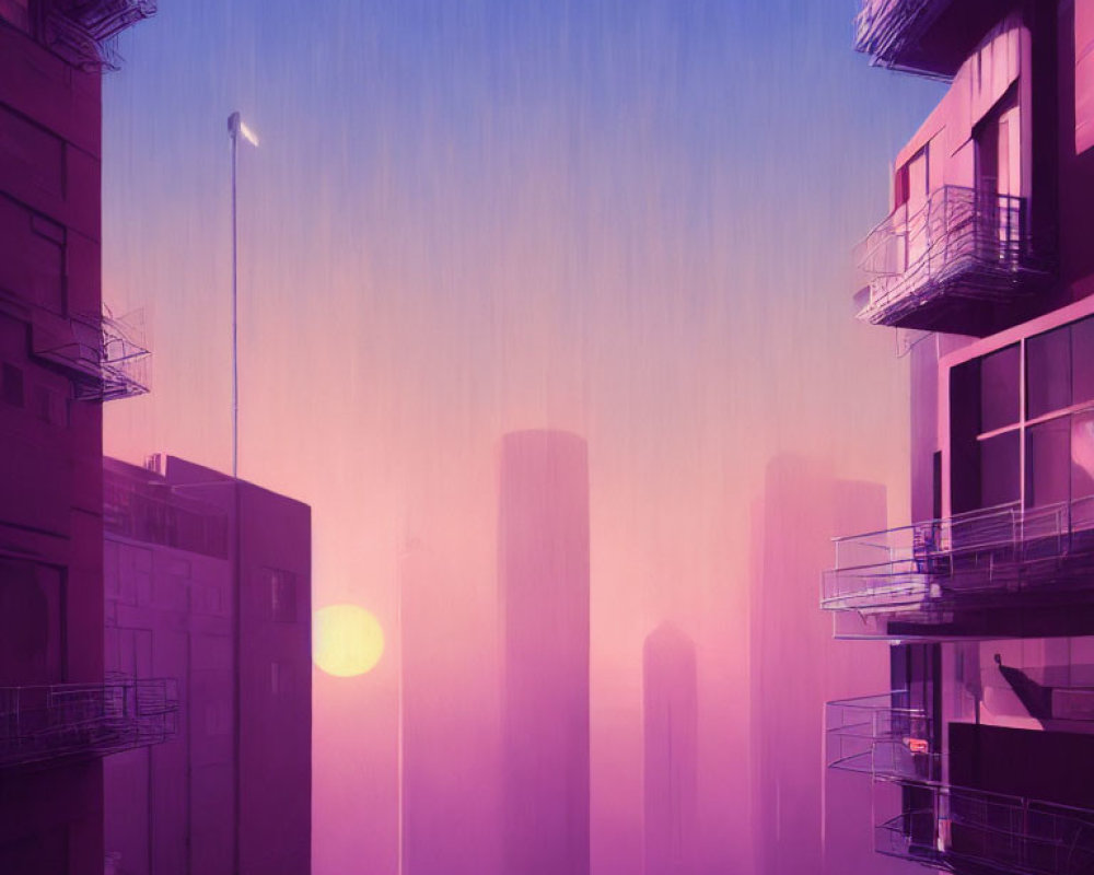 Purple-hued surreal cityscape with skyscrapers and balconies at sunset