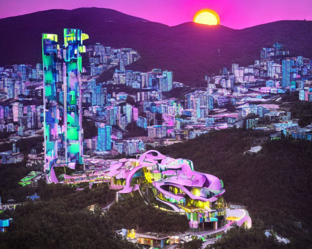 Futuristic skyscrapers in illuminated cityscape at dusk