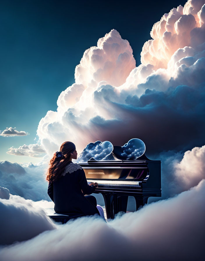 woman plays piano on the cloud