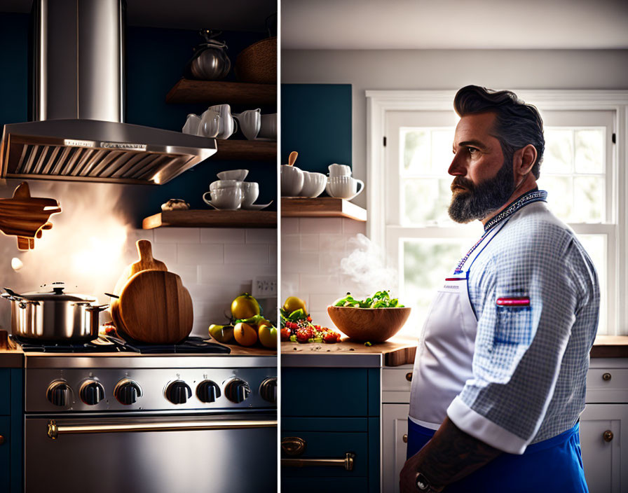 Bearded man in chef's apron by blue cabinets with steaming pot