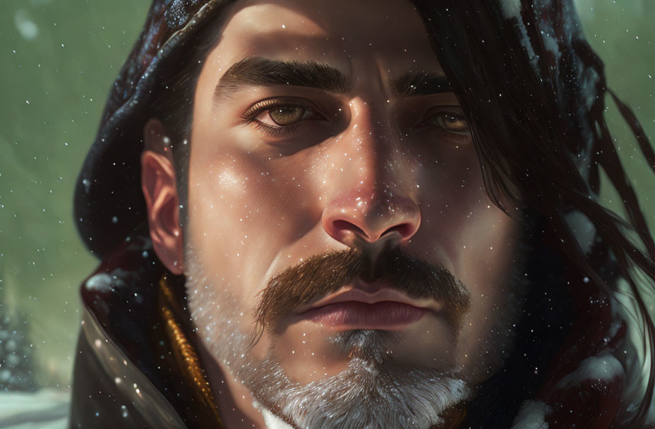 Intense man with dark beard and mustache in snowfall with hooded cloak
