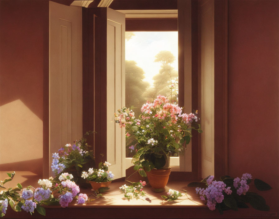 Sunlit open window showcasing vibrant potted flowers and serene landscape.