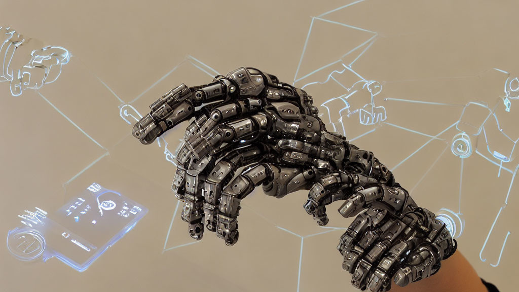 Intricate Robotic Hand over Futuristic Holographic Interface