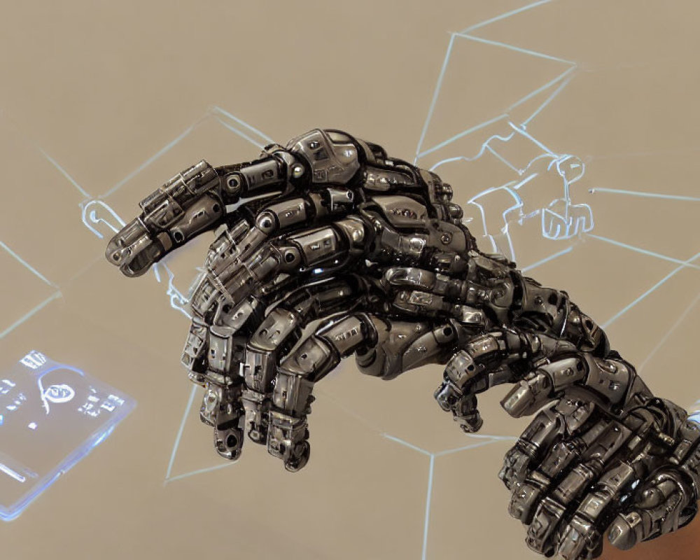 Intricate Robotic Hand over Futuristic Holographic Interface