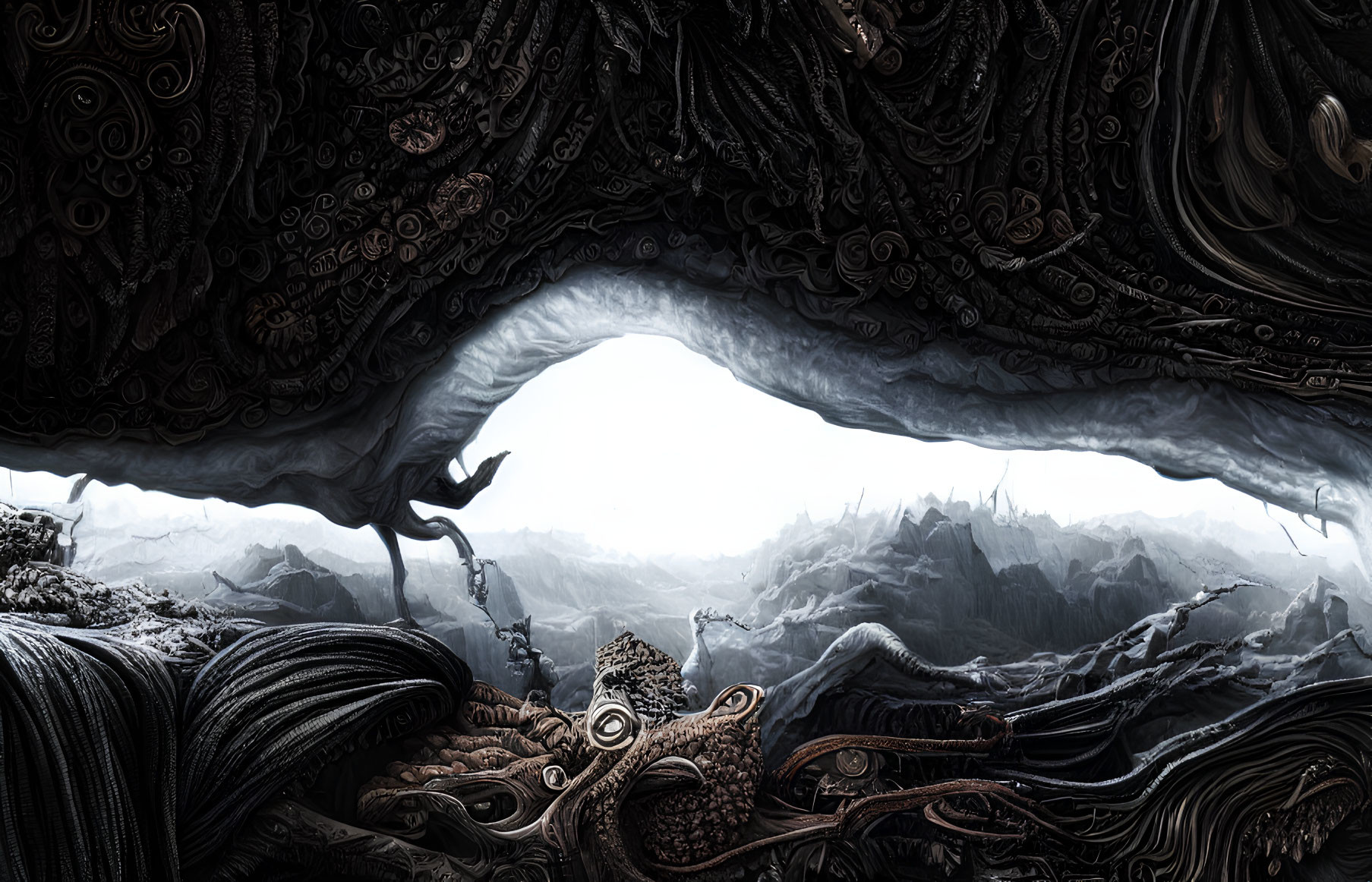 Dark Cave with Alien-like Textures and Solitary Figure gazing at Bright Exit