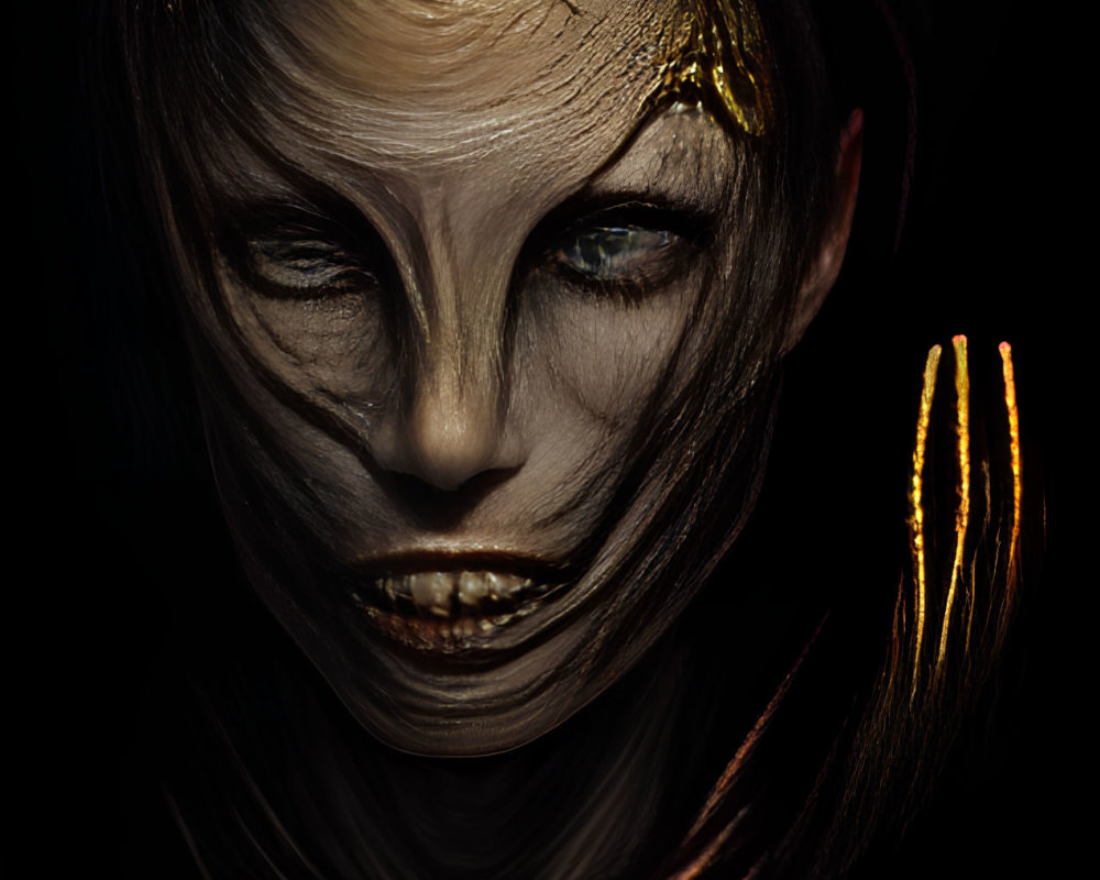 Artistic portrait with gold accents and intense gaze