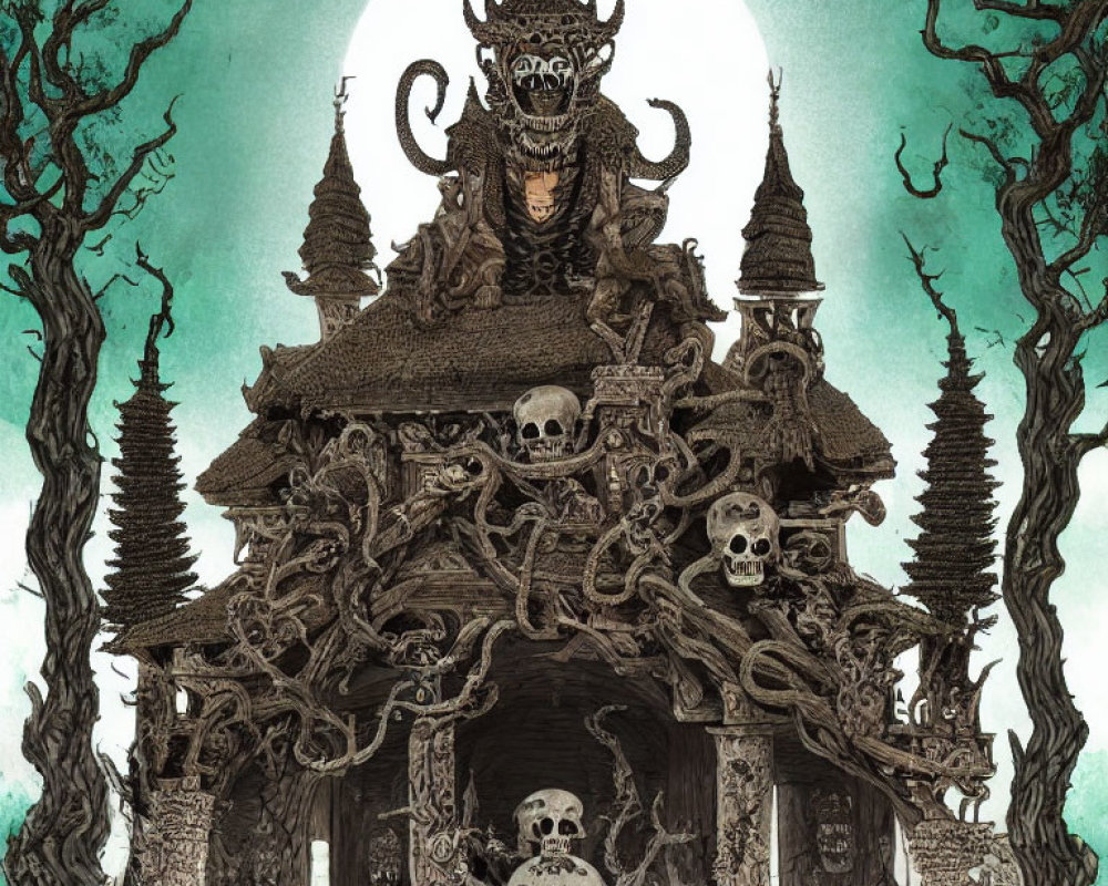 Dark skeletal figure on skull-adorned temple under full moon