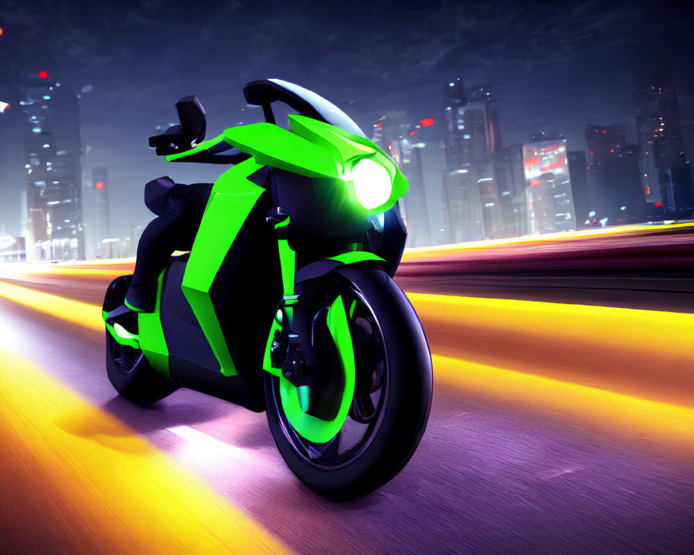 Vibrant Green Sports Motorcycle Parked on City Road at Night