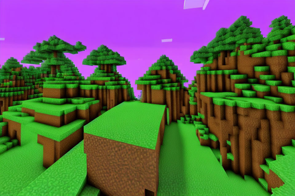 Colorful blocky landscape with stylized trees and terrain under a purple sky