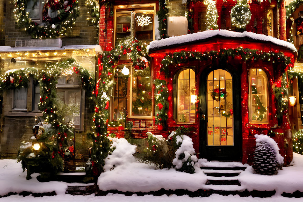 Festive Snow-Covered House with Christmas Decorations