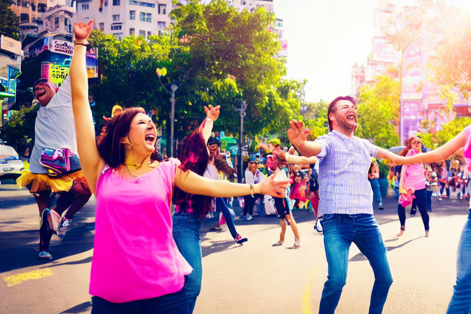 Vibrant street scene: Joyful crowd dancing under sunny skies