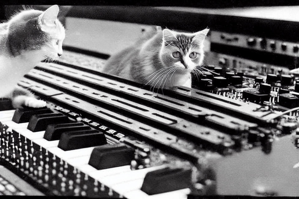 Two Cats on Mixing Console with Music Production Equipment
