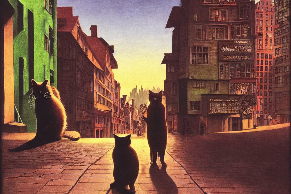 Three Cats in Urban Alley at Sunset