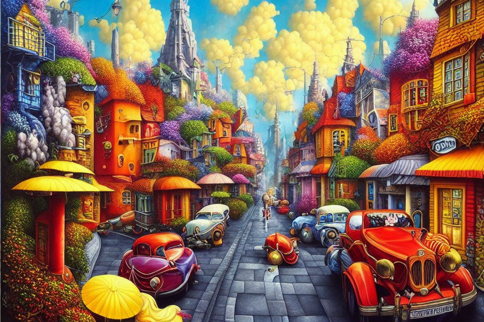 Colorful Vintage Cars and Castle in Whimsical Street Scene