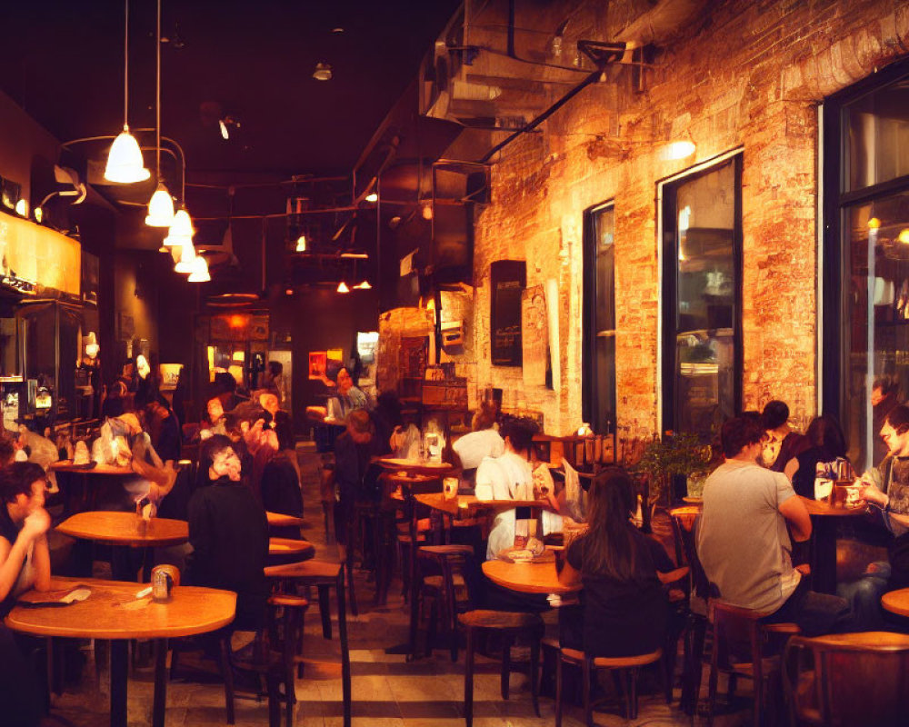 Bustling cafe with exposed brick walls and warm ambiance