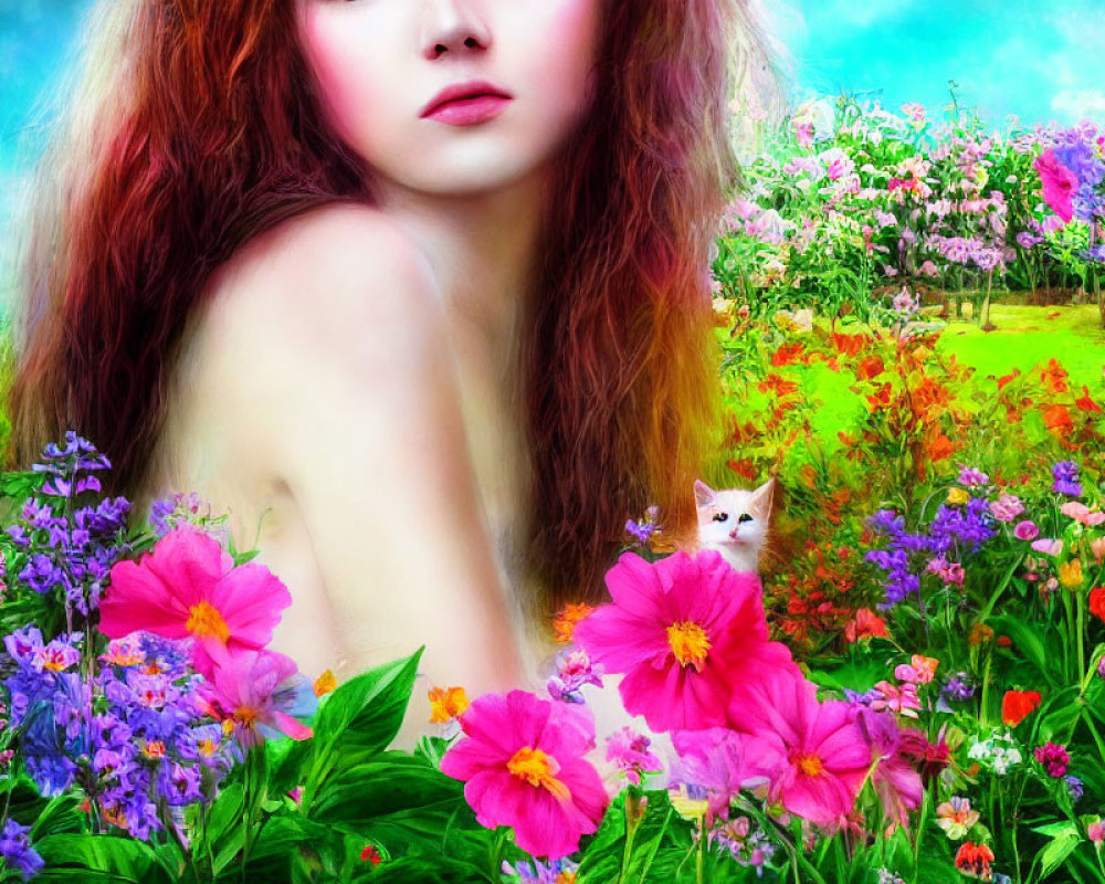 Colorful painting of woman with flowers and white cat under blue sky