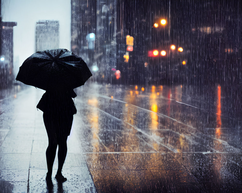 Pedestrian with umbrella in rainy city street scene
