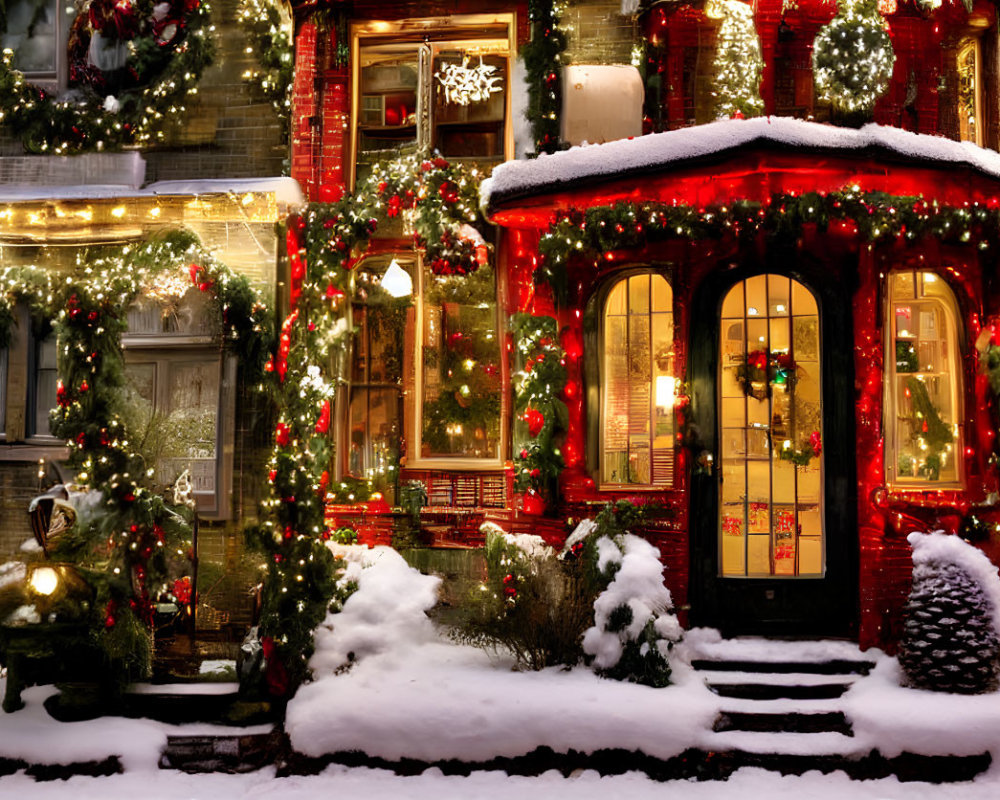 Festive Snow-Covered House with Christmas Decorations