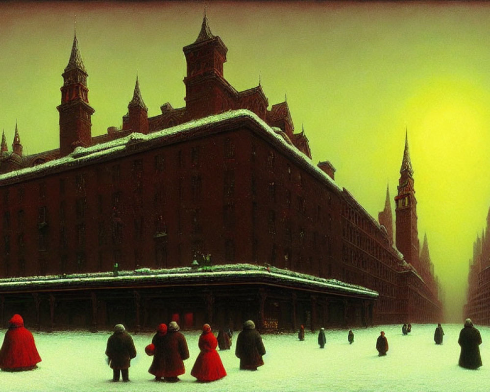 People in Red Cloaks Against Snow-Covered Gothic Building Under Greenish-Yellow Sky