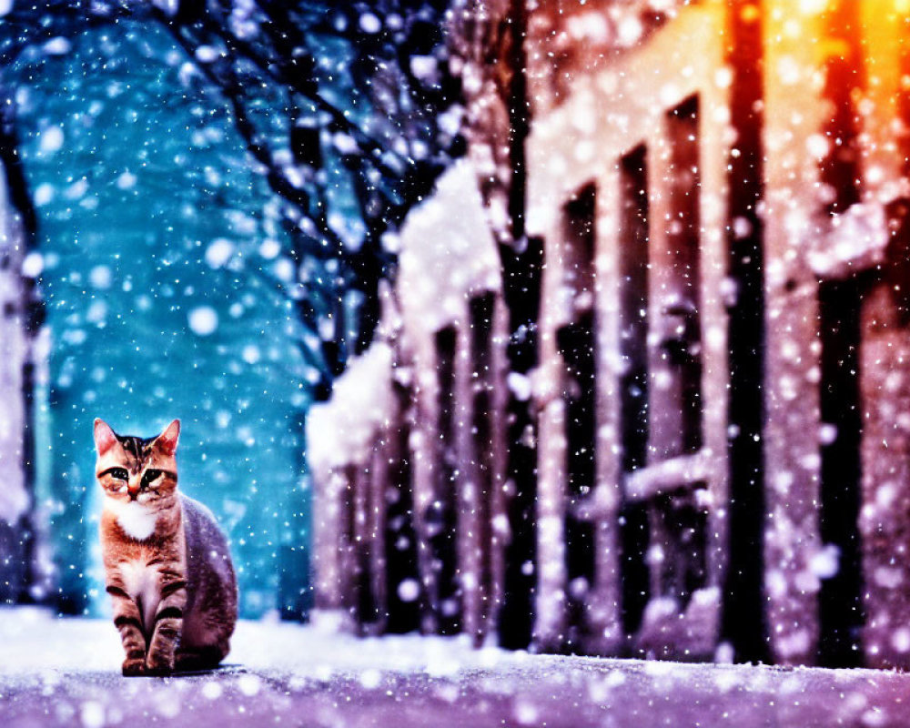 Striking-eyed cat on snow path with snowy trees and street lights