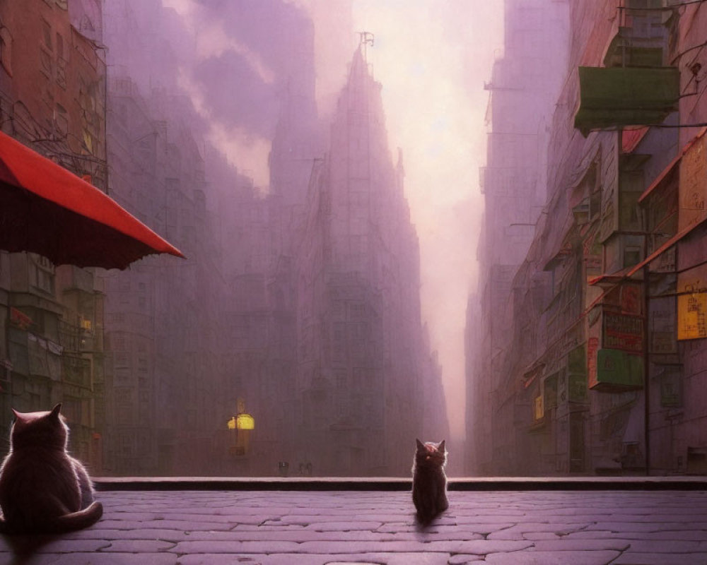 Urban street scene with two cats under glowing lamppost at sunrise/sunset