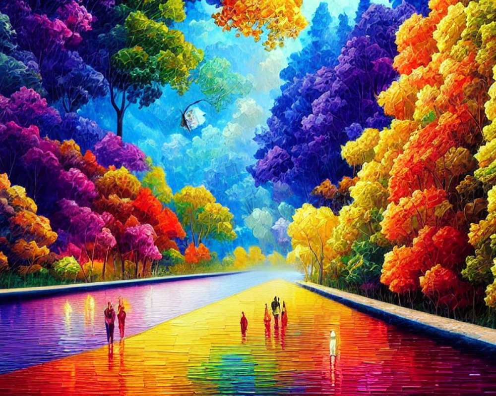 Colorful autumn landscape with mirrored water path and vibrant trees