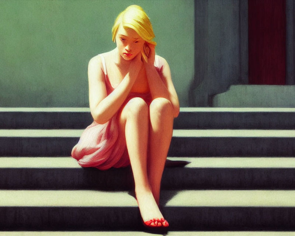 Blonde woman in pink dress and red shoes sitting on steps