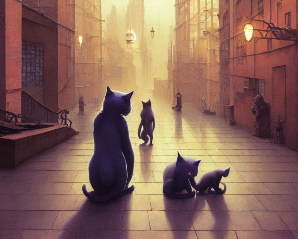 Silhouette cats on cobblestone street with golden city backdrop