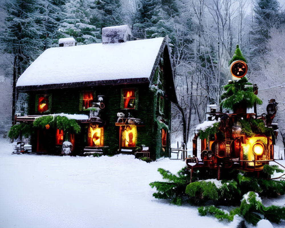 Green Christmas house with snowy surroundings and festive train scene