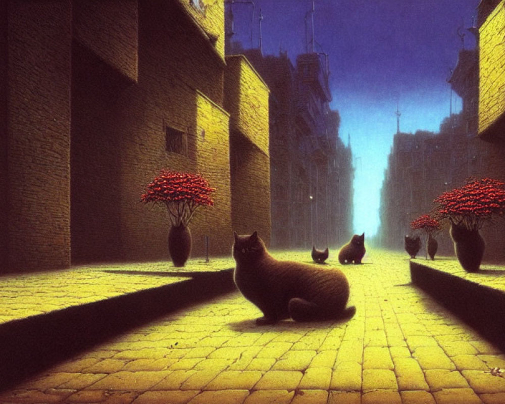 Tranquil streetscape at dusk with oversized cats and red-flowered trees