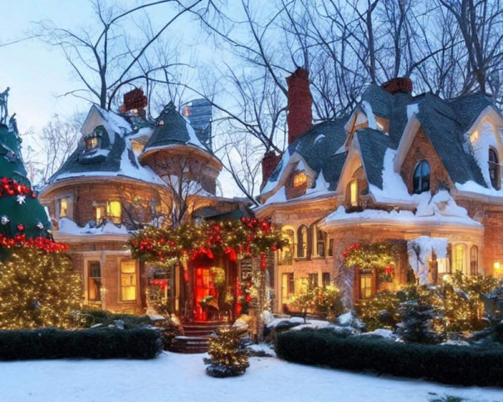 Victorian-style House Decorated with Christmas Lights in Snowy Twilight
