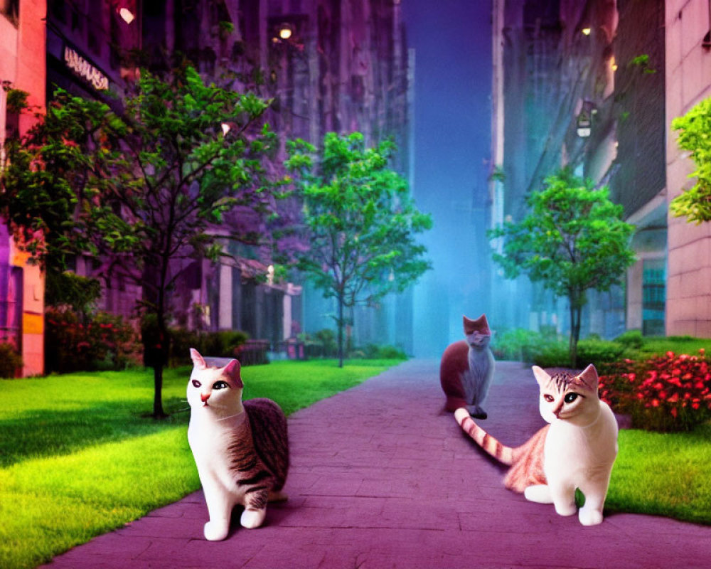 Colorful City Path with Three Cats and Neon-Lit Buildings