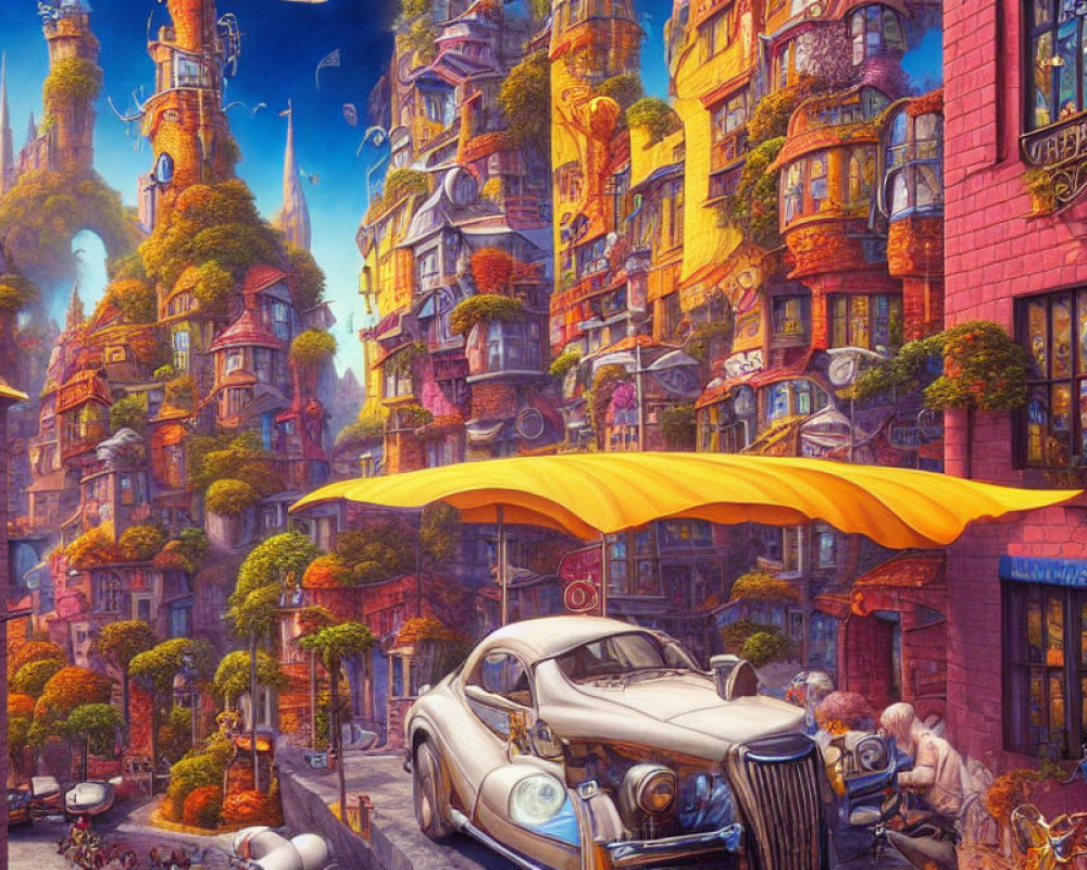 Colorful cityscape with towering buildings, old-fashioned car, and people at café