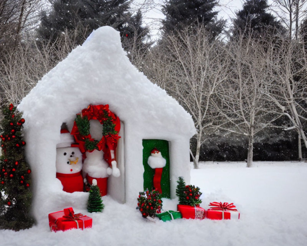 Snow-covered house decoration with wreath, snowman, gifts, and red accents in snowy outdoor scene