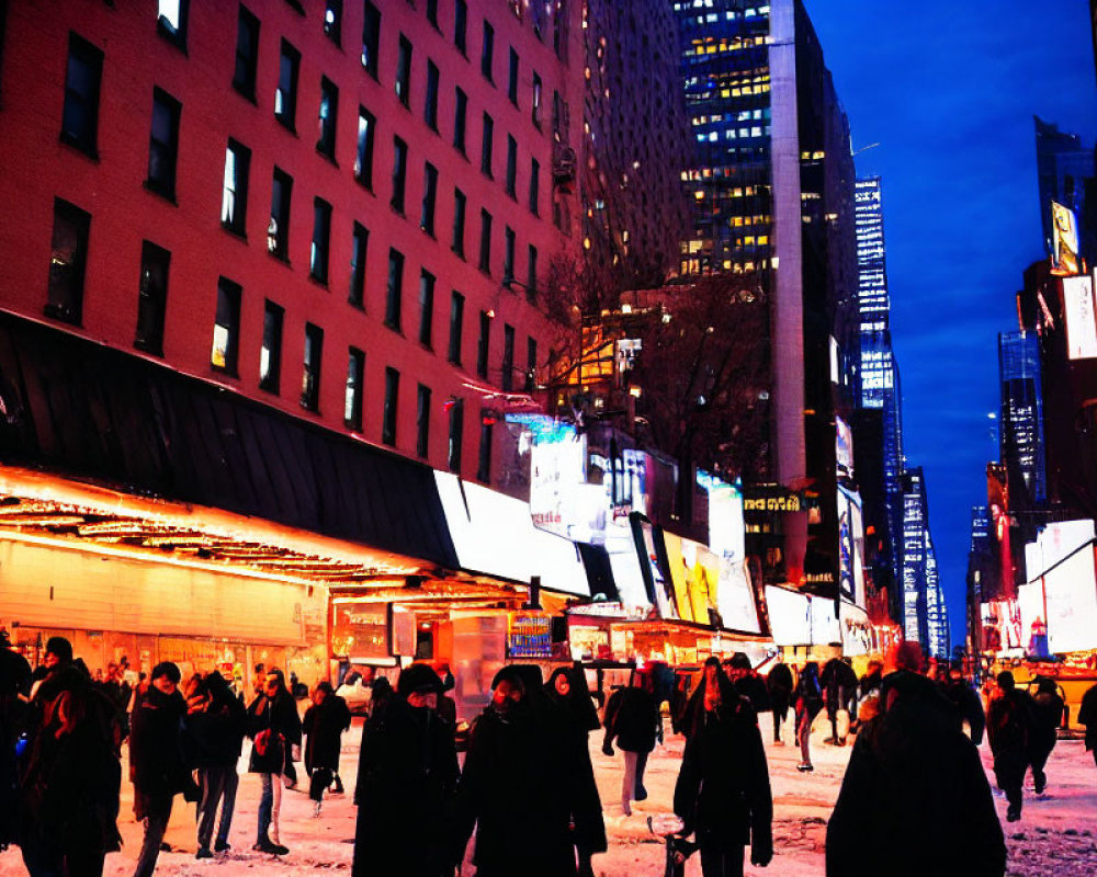 City Street at Night: Pedestrians, Billboards, Snow-Covered Sidewalk