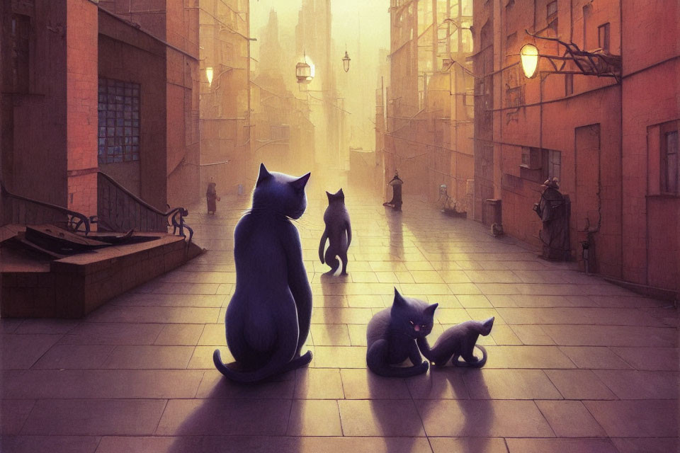 Silhouette cats on cobblestone street with golden city backdrop