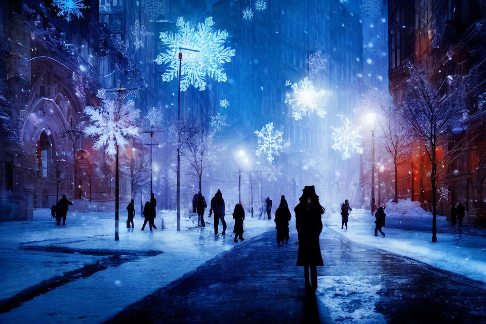 Snowy city street at night with blue lights and snowflakes, people walking.