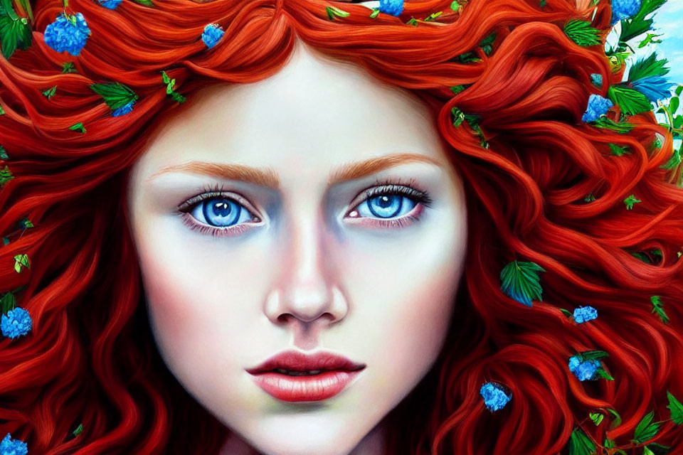 Portrait of a Woman with Fiery Red Curls and Blue Flowers