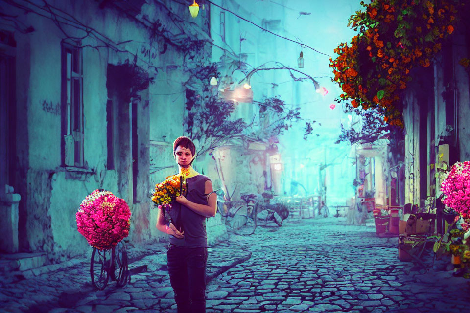 Young man holding flowers in quaint, colorful street surrounded by vintage buildings.