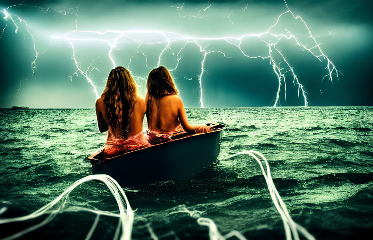 Two people in a boat on stormy sea with lightning bolts