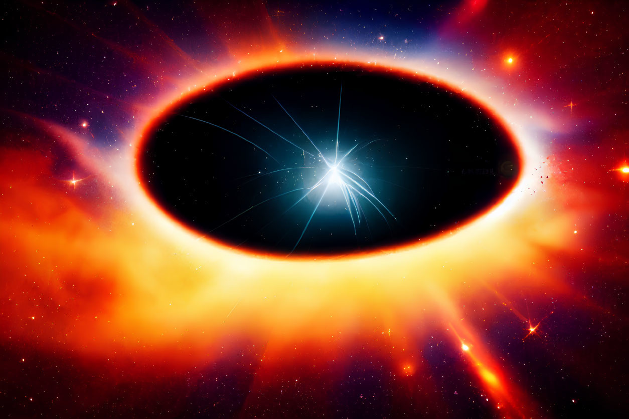 Colorful depiction of black hole with accretion disk and jet streams in cosmic scene