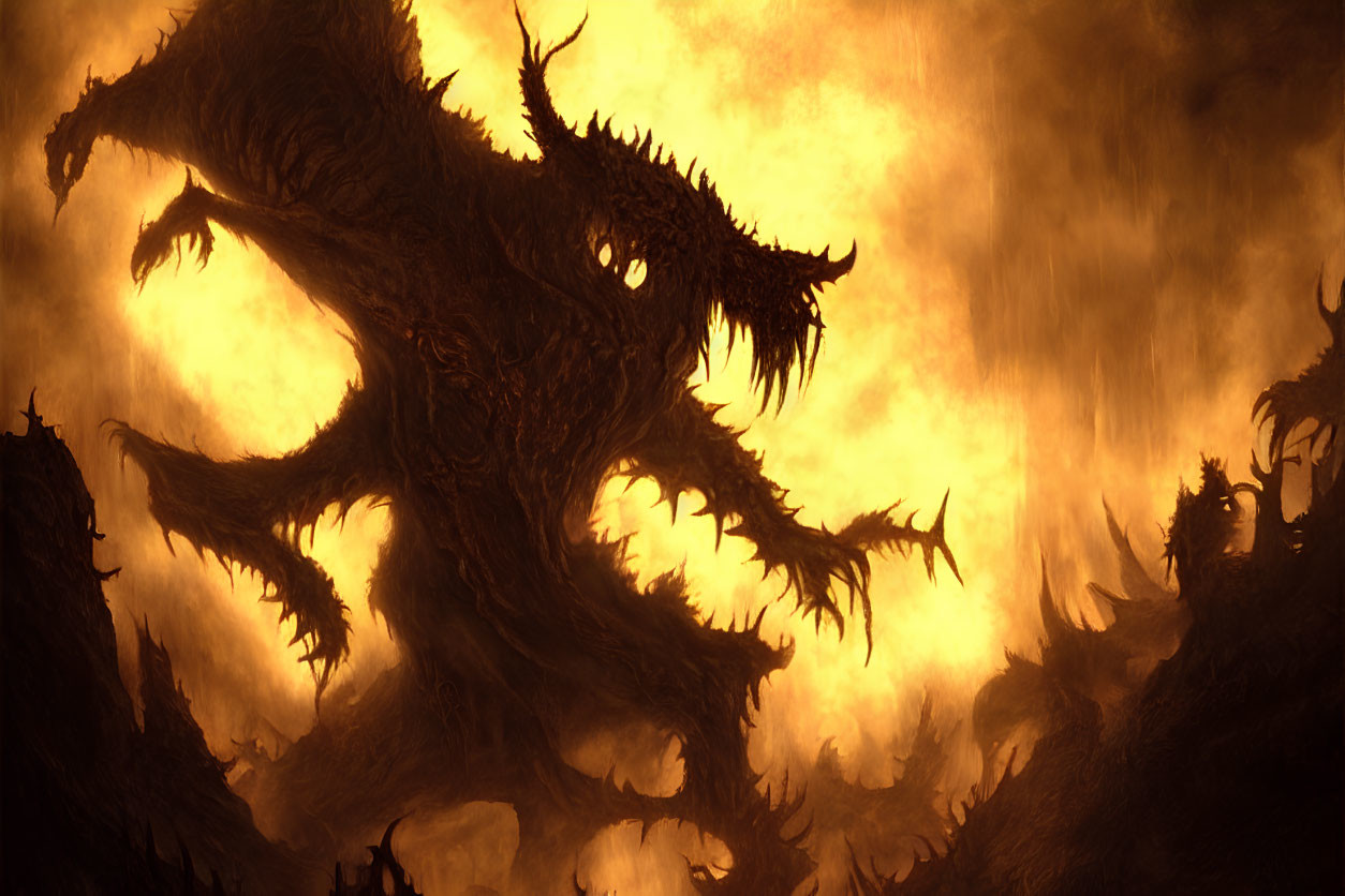 Menacing dragon with jagged scales and spikes in fiery environment