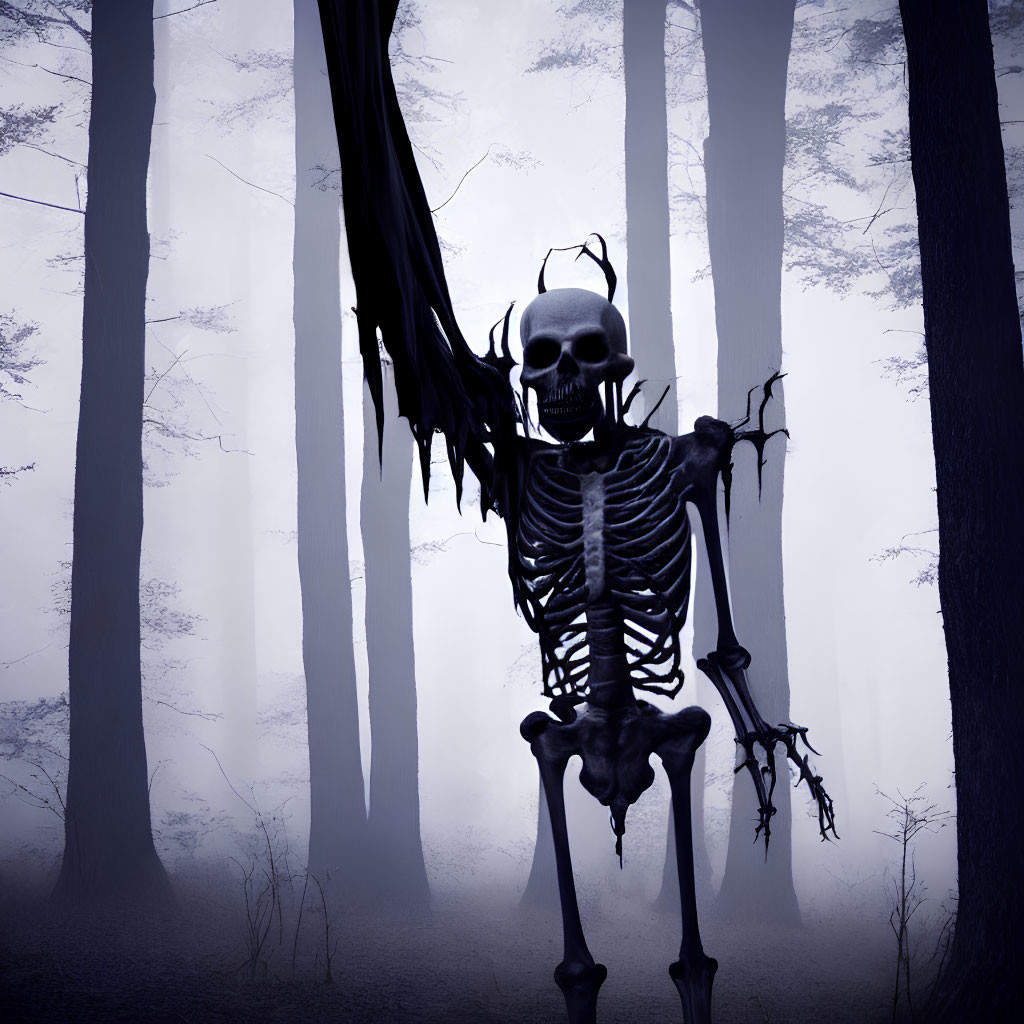 Elongated skeletal figure in foggy dark forest