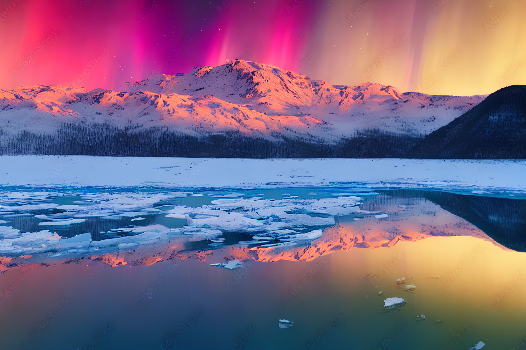 Majestic aurora borealis over serene icy landscape