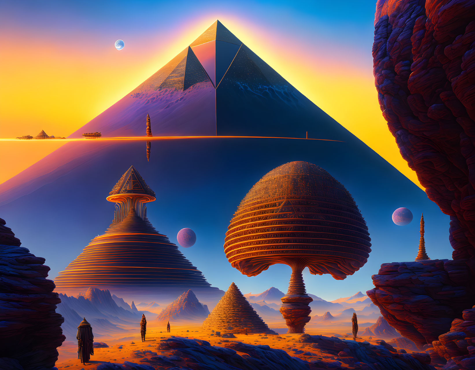 Surreal landscape with pyramid, futuristic structures, and orange sky