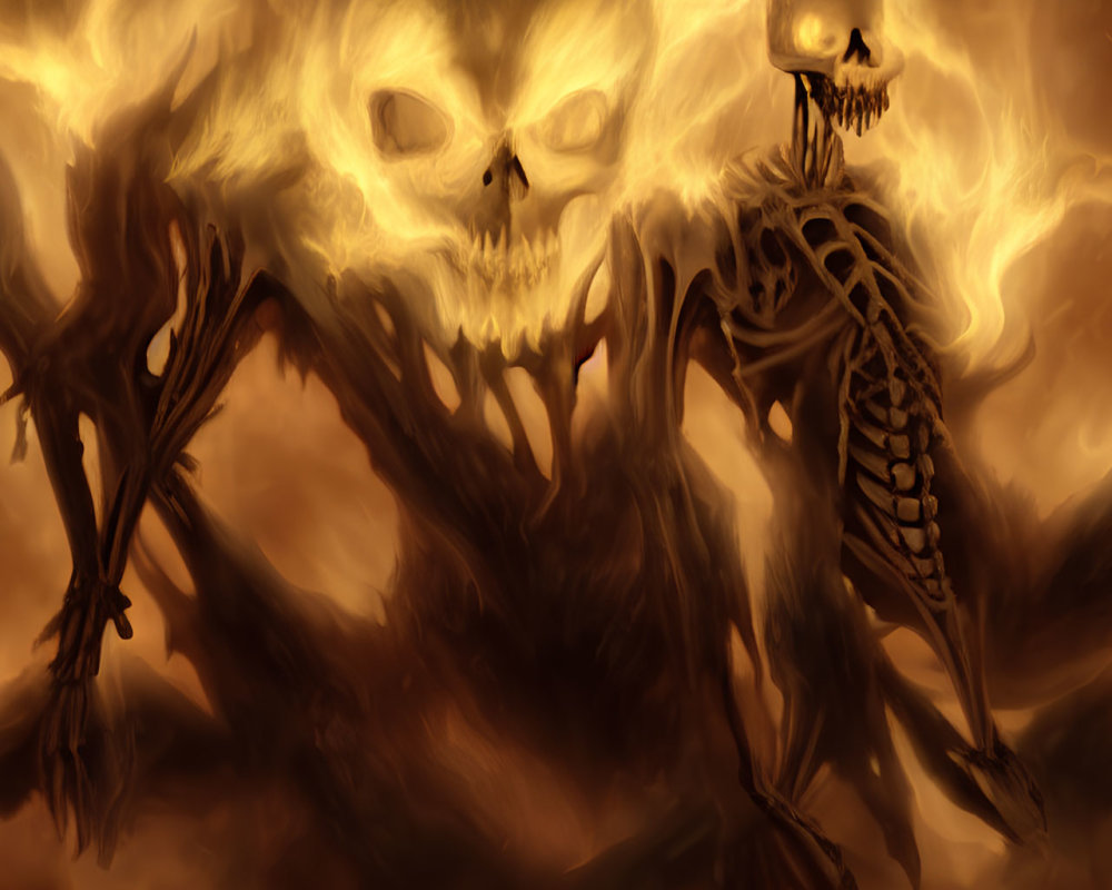 Skeletal figure with fiery wings and flaming skull backdrop