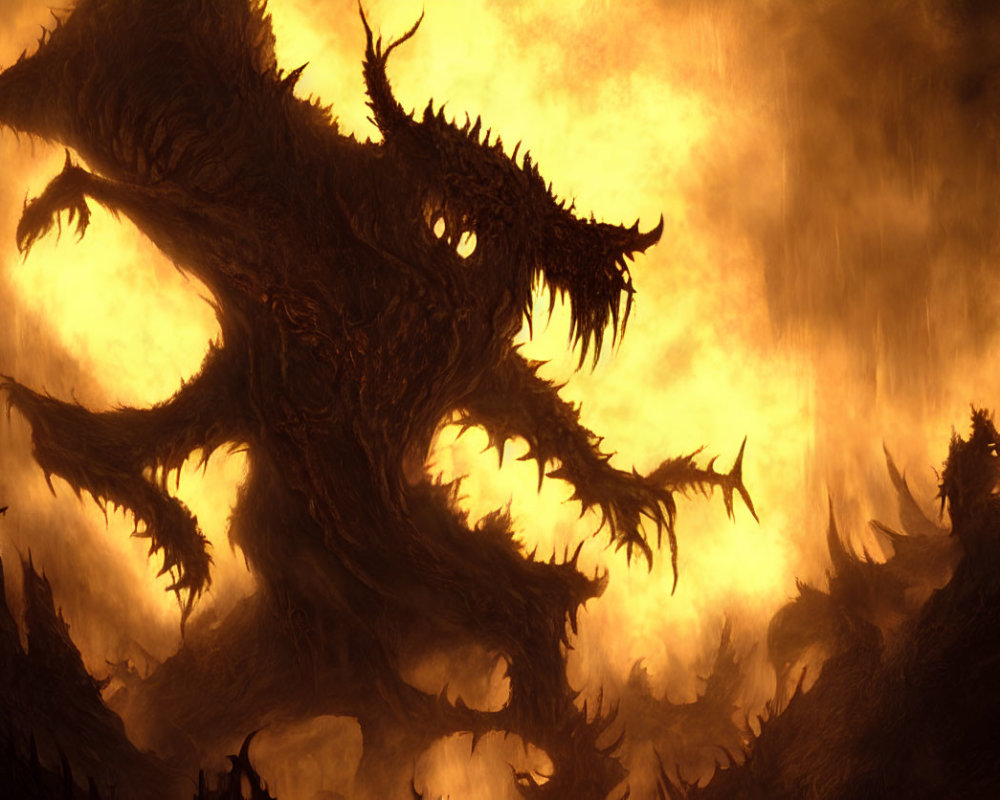 Menacing dragon with jagged scales and spikes in fiery environment