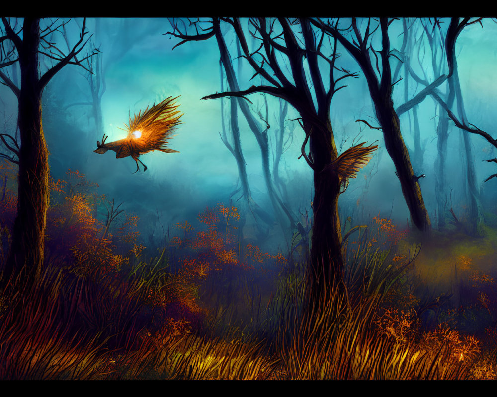 Mystical forest with twisted trees, glowing blue light, and owl-like creatures.